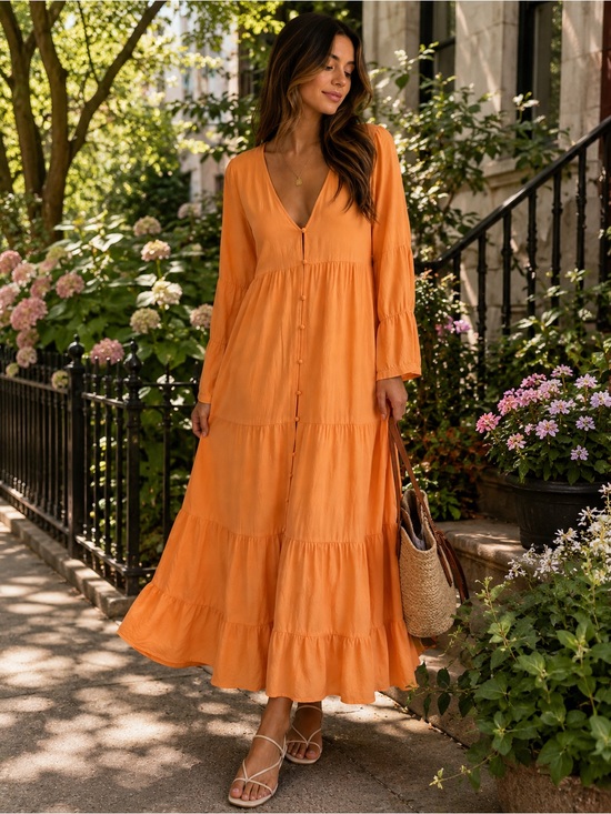 Urban Outfitters Dresses & Skirts - Urban Outfitters Orange Cottagecore Tiered Maxi Dress M Button Front Flowy Lined